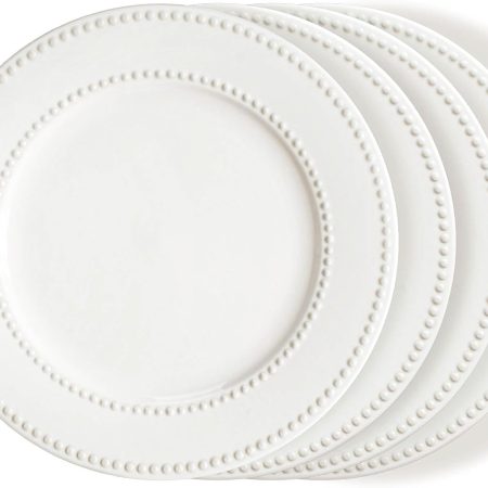 Four-piece set, 10.5-inch white ceramic plates, embossed salad plate, restaurant style, dishwasher and microwave safe