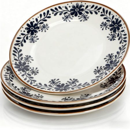 4 Pack Ceramic Dinner Plates, 10" Round Appetizer Plates, Blue Floral Dessert Serving Dishes, Vintage Salad Plate, Scratch Resistant Dinnerware for Kitchen, Microwave Dishwasher Oven Safe